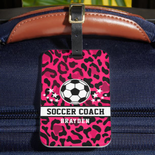 Pink Leopard Print Soccer Coach Name Luggage Tag