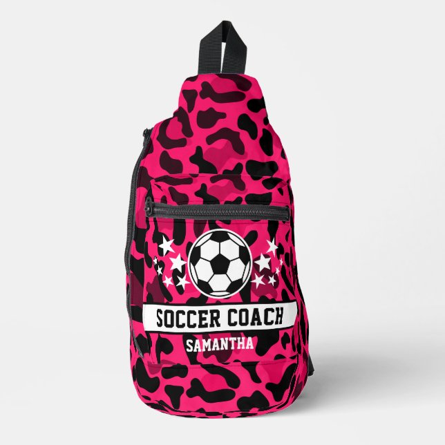 Pink Leopard Print Soccer Coach Name  Sling Bag (Front)