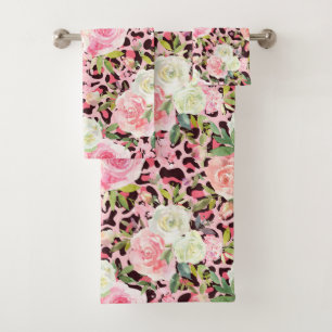 Pink Leopard Print Watercolor Floral Bath Towel Set