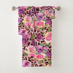 Pink Leopard Print Watercolor Floral Bath Towel Set