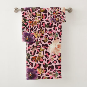 Pink Leopard Print Watercolor Floral Bath Towel Set