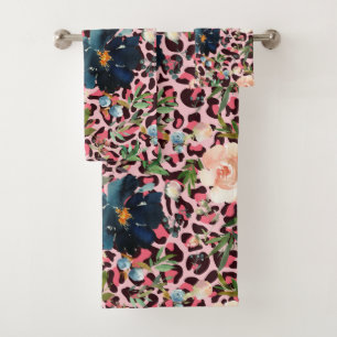 Pink Leopard Print Watercolor Floral Bath Towel Set