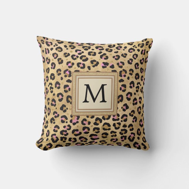 Pink Leopard Print Wild Safari Animal Monogram Cushion (Front)