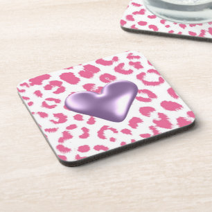 Pink Leopard Print With Heart Design Coaster