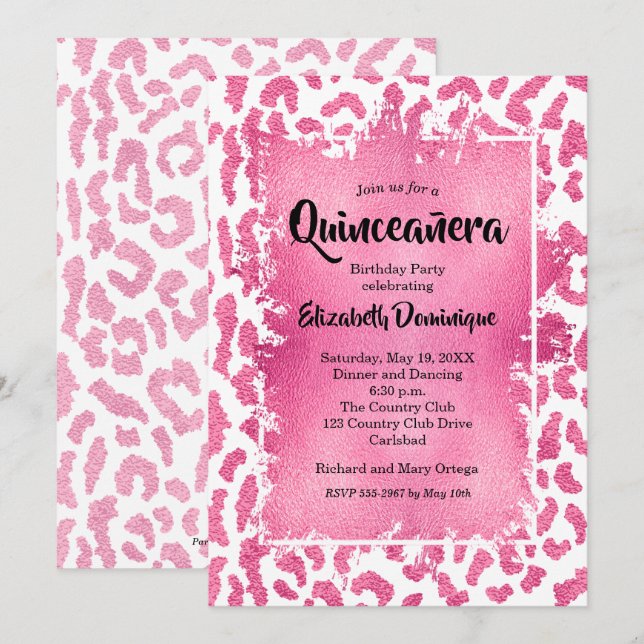 Pink Leopard Quinceañera Birthday Party Invitation (Front/Back)