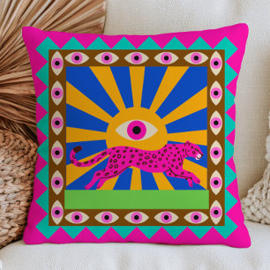 Pink Leopard Retro Yellow Sunrays Funky Evil Eyes Cushion