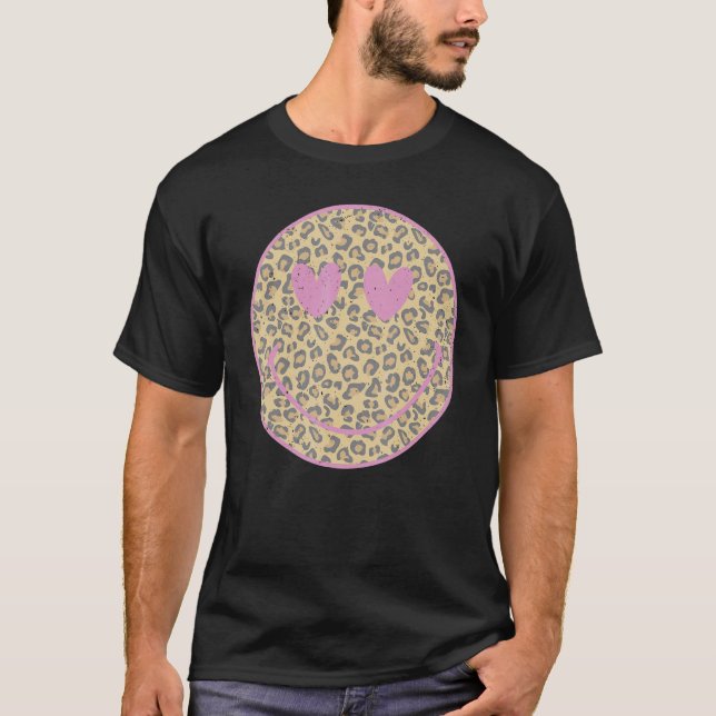 Pink Leopard Smile Face  Heart Eyes Happy Face T-Shirt (Front)