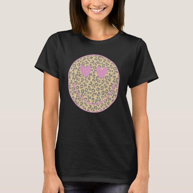 Pink Leopard Smile Face  Heart Eyes Happy Face T-Shirt (Front)