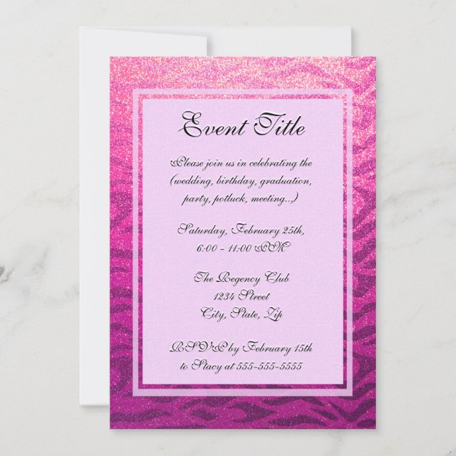 Pink Leopard Stripe Glitter Look Invitation (Front)