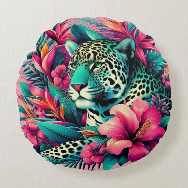 Pink Leopard Tropical Art  Round Cushion (Front)