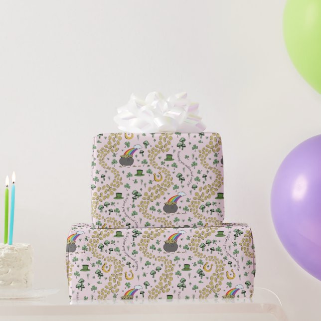 Pink Leprechaun Hat Shamrocks Wrapping Paper (Party Gifts)