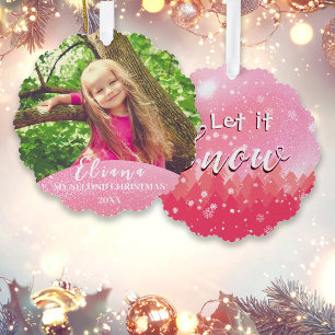 Pink Let it Snow Baby 2nd Christmas Custom Photo Tree Decoration Card