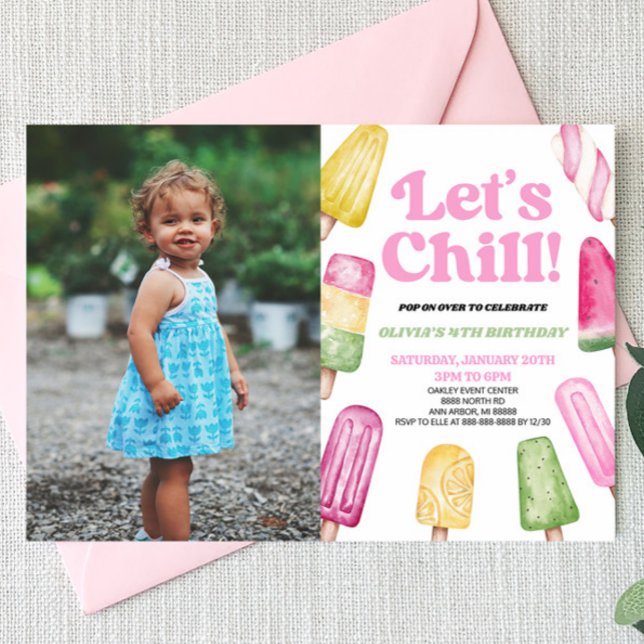 Pink Let's Chill Popsicle Picture Birthday Party Invitation (Creator Uploaded)