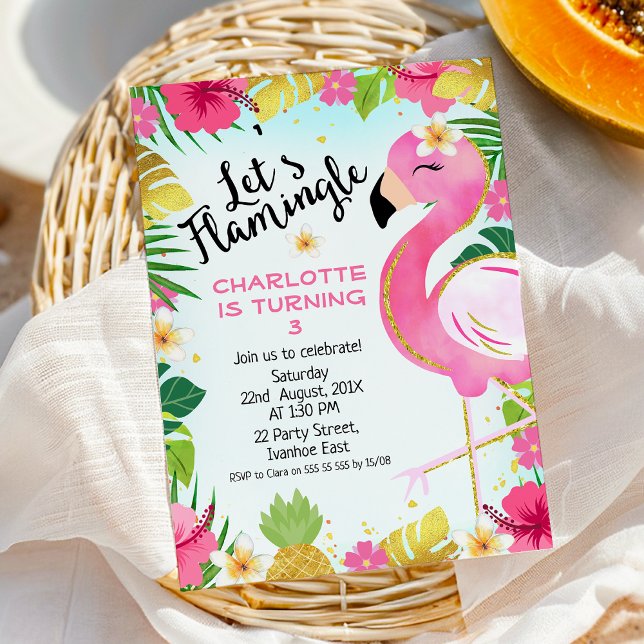 Pink Let's Flamingle Floral Foliage Birthday Invitation (Flamingo Birthday Invitation Template Instant Download Printable, Let's Flamingle Birthday Invite)