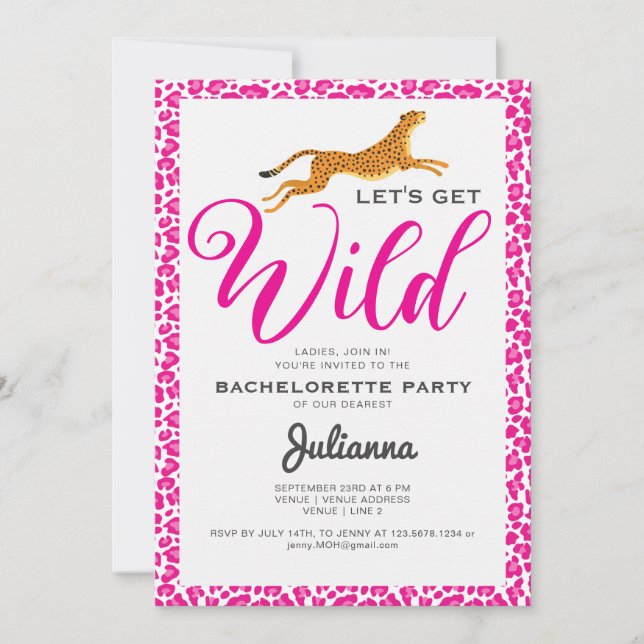 Pink Let's Get Wild Coogar Leopard Bachelorette Invitation (Front)