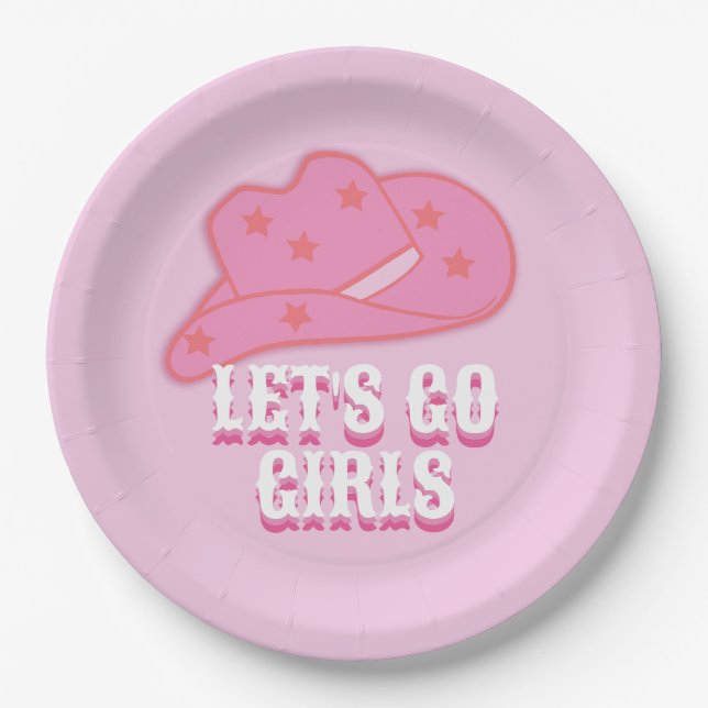 Pink Let's Go Girls Cowboy Hat Rodeo Paper Plate (Front)