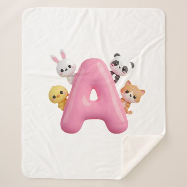 Pink Letter A Forest Animals Baby Sherpa Blanket (Front)