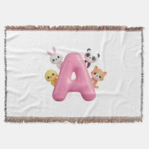 Pink Letter A Forest Animals Baby Throw Blanket