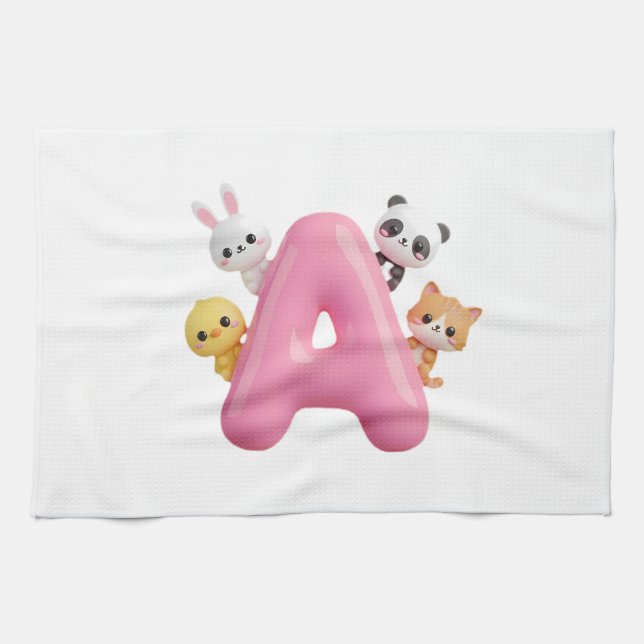 Pink Letter A Forest Animals Kitchen Towel (Horizontal)