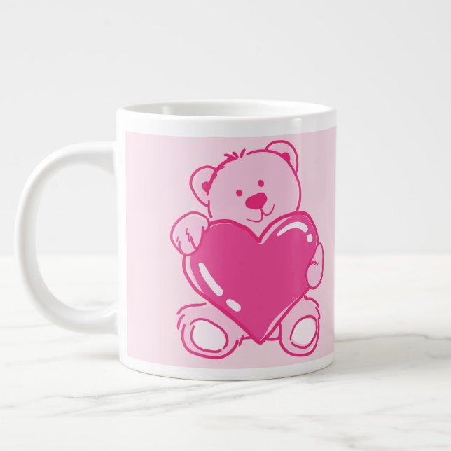 Pink Letter A Mug with Cute Teddy Bear Heart (Left)