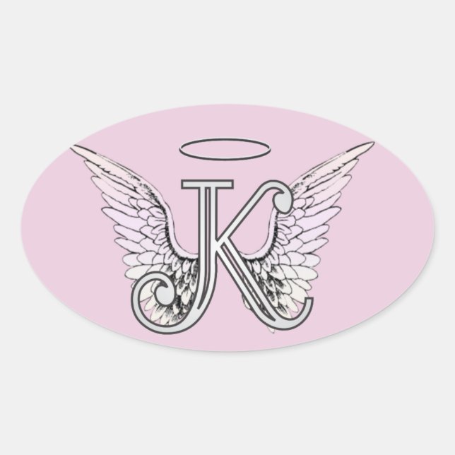 Pink Letter K Angel Wings Monogram Oval Sticker (Front)