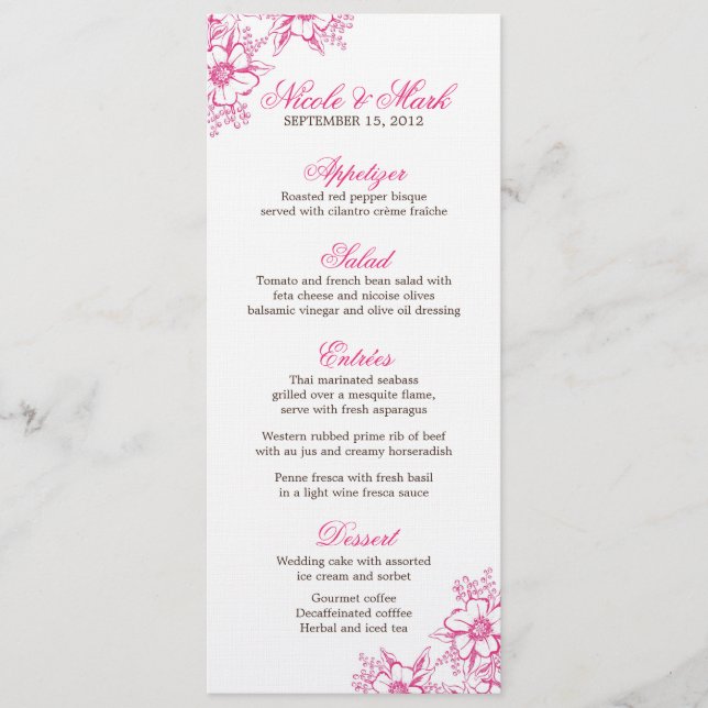 Pink Letterpress Style Wedding Menu (Front)