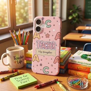 Pink Letters Teacher School Pattern iPhone 16 Case