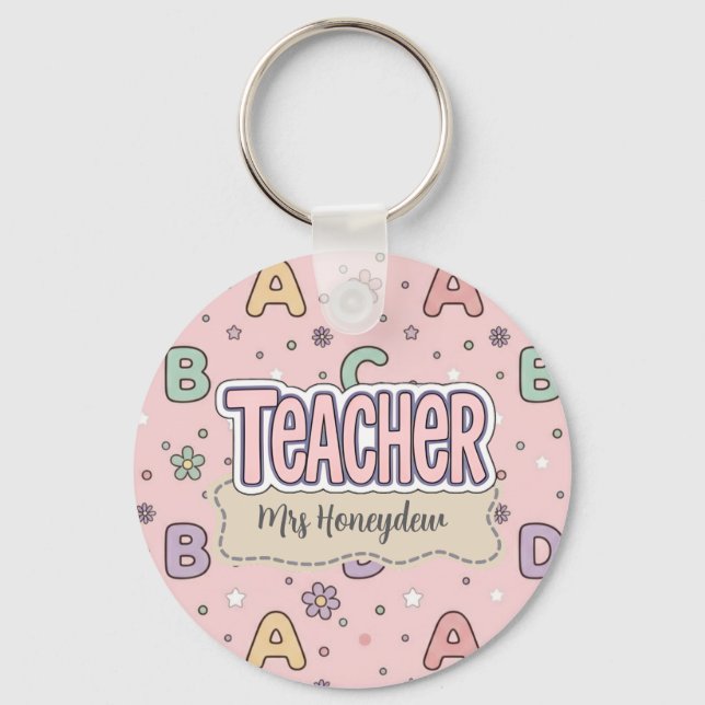 Pink Letters Teacher  School Pattern  Key Ring (Front)