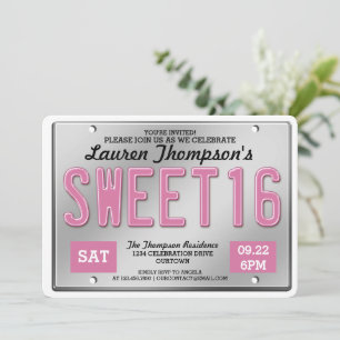 Pink License Plate Sweet 16 Party Invitations