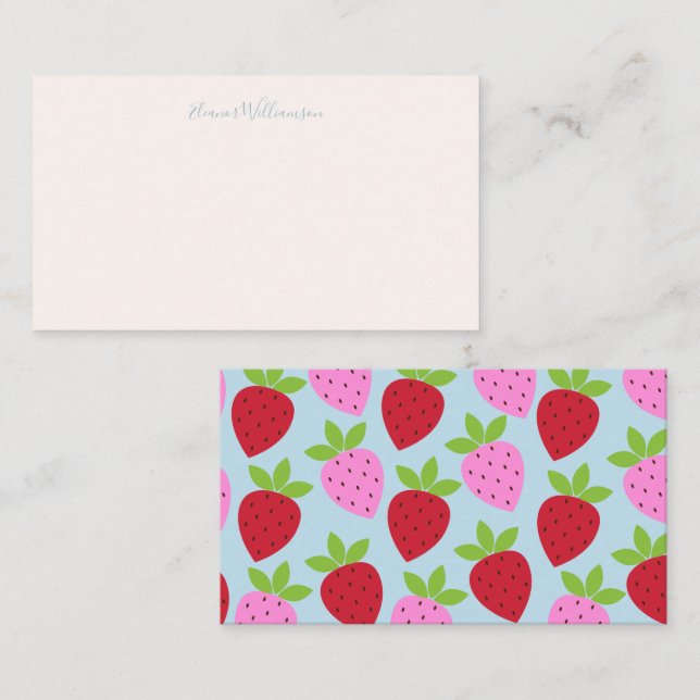 Pink Light Blue Strawberry Fruit Custom Name Small Card (Front/Back)
