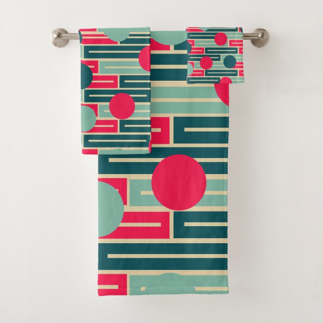 Pink, Light Blue, Teal Rectangles and Circles  Bath Towel Set (Insitu)
