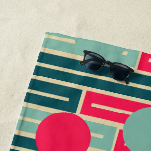 Pink, Light Blue, Teal Rectangles and Circles Beach Towel