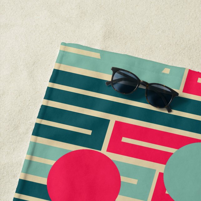 Pink, Light Blue, Teal Rectangles and Circles  Beach Towel (In Situ)