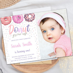Pink Light Donut Birthday Invitations with photo