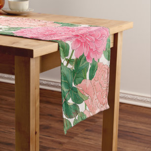 Pink & Light Peach Rose Flowers with Green Leaves Short Table Runner