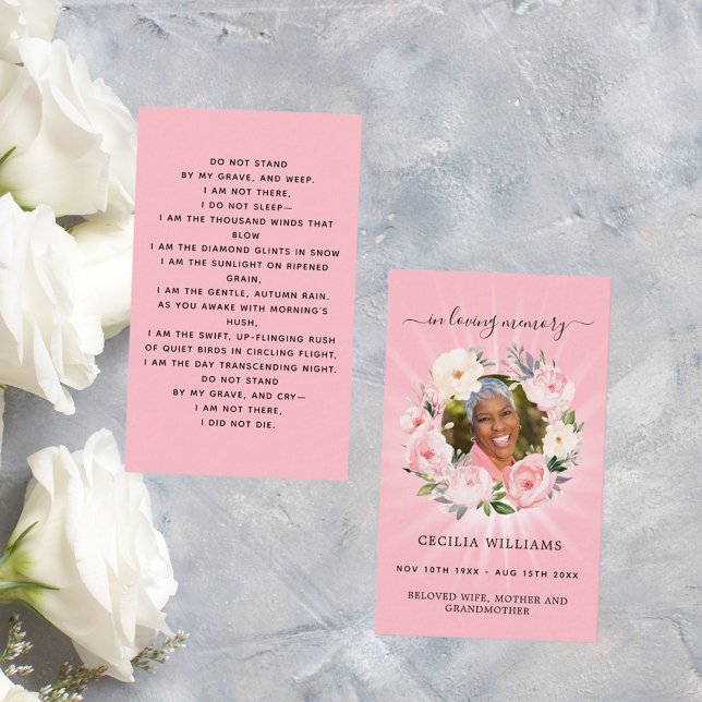 Pink light photo floral wreath funeral prayer card (Creator Uploaded)