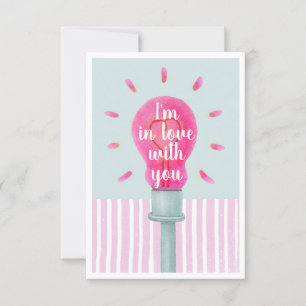 Pink Lightbulb Heart Stripes Flat Card