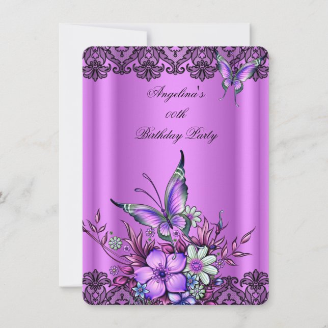 Pink Lilac Butterfly Floral Black Lace Birthday Invitation (Front)