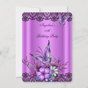 Pink Lilac Butterfly Floral Black Lace Birthday Invitation