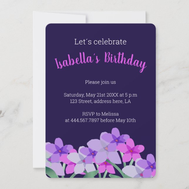 Pink lilac floral personalised birthday invitation (Front)