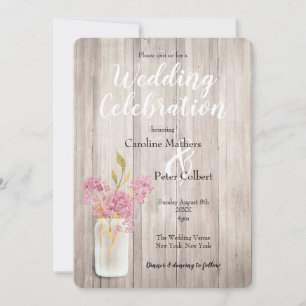 Pink Lilac Mason Jar Barn Wood Rustic Wedding Invitation