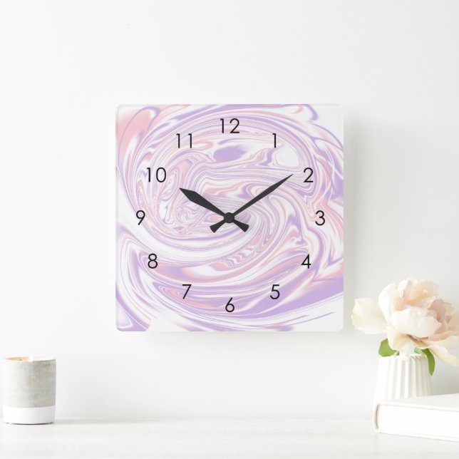 Pink Lilac Modern Abstract Liquid Marble Design Square Wall Clock (Home)