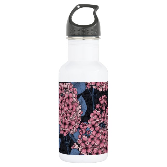 Pink lilac on dark blue 532 ml water bottle (Front)