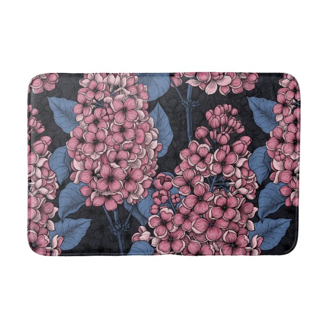 Pink lilac on dark blue bath mat (Front)