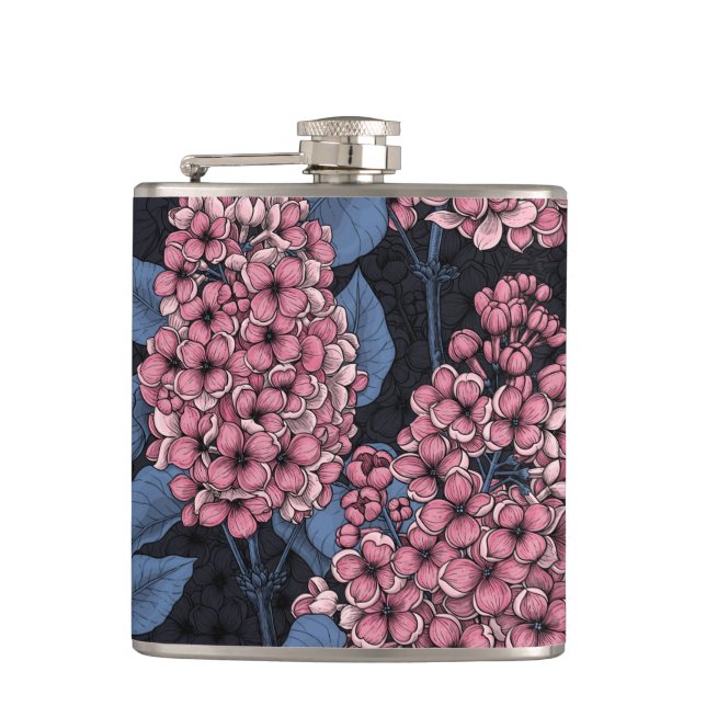 Pink lilac on dark blue hip flask (Front)