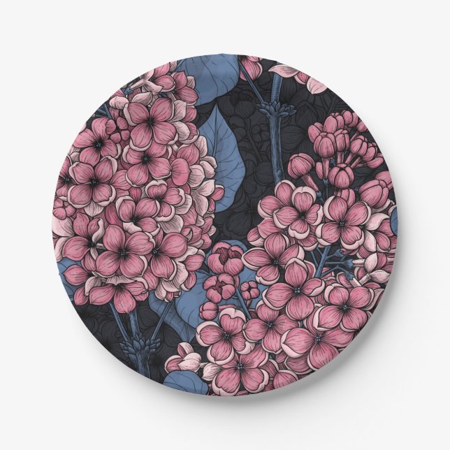 Pink lilac on dark blue paper plate (Front)