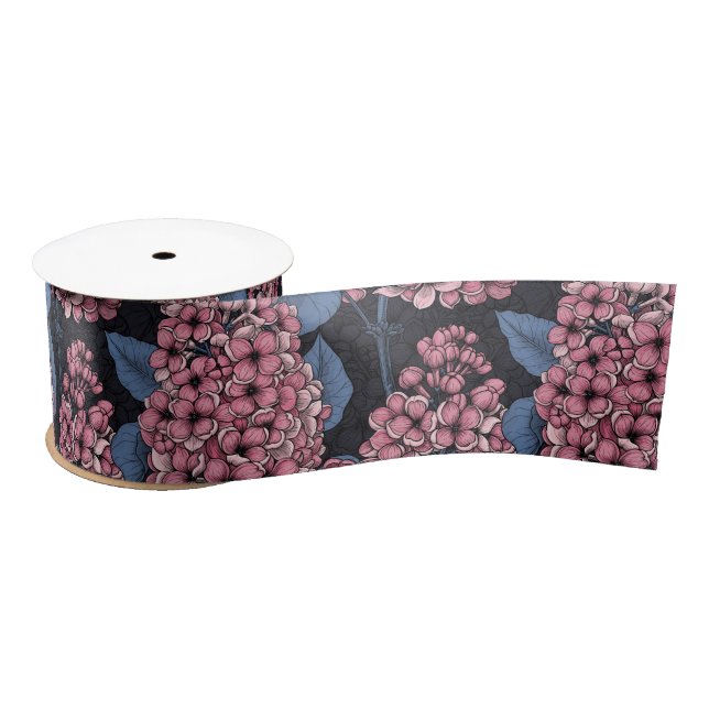 Pink lilac on dark blue satin ribbon (Spool)