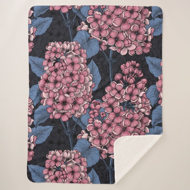 Pink lilac on dark blue sherpa blanket (Front)