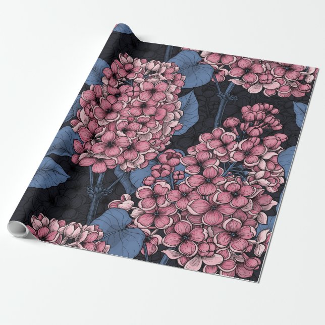 Pink lilac on dark blue wrapping paper (Unrolled)