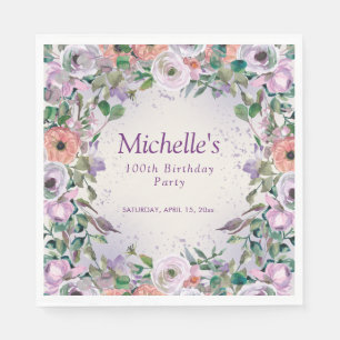 Pink Lilac Purple Watercolor Floral 100th Birthday Napkin